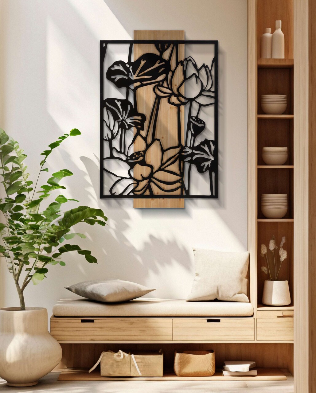 Decoratiune de perete Lotus, Mauro Ferretti, 60x90 cm, fier/MDF, negru/maro - 2 | YEO
