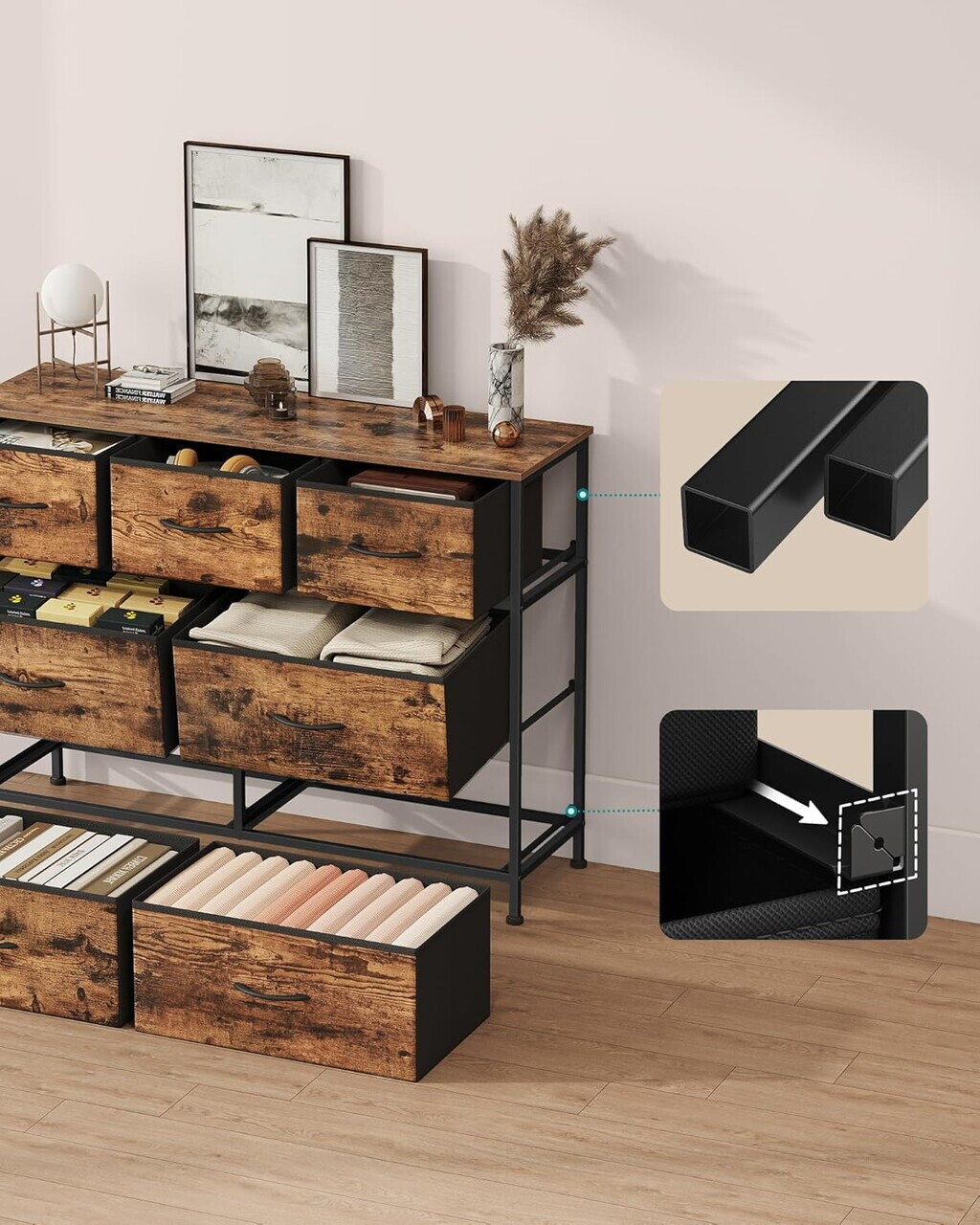 Comoda cu 7 sertare, Songmics, otel, 98.8x30x73.7 cm, maro rustic/negru - imagine 5