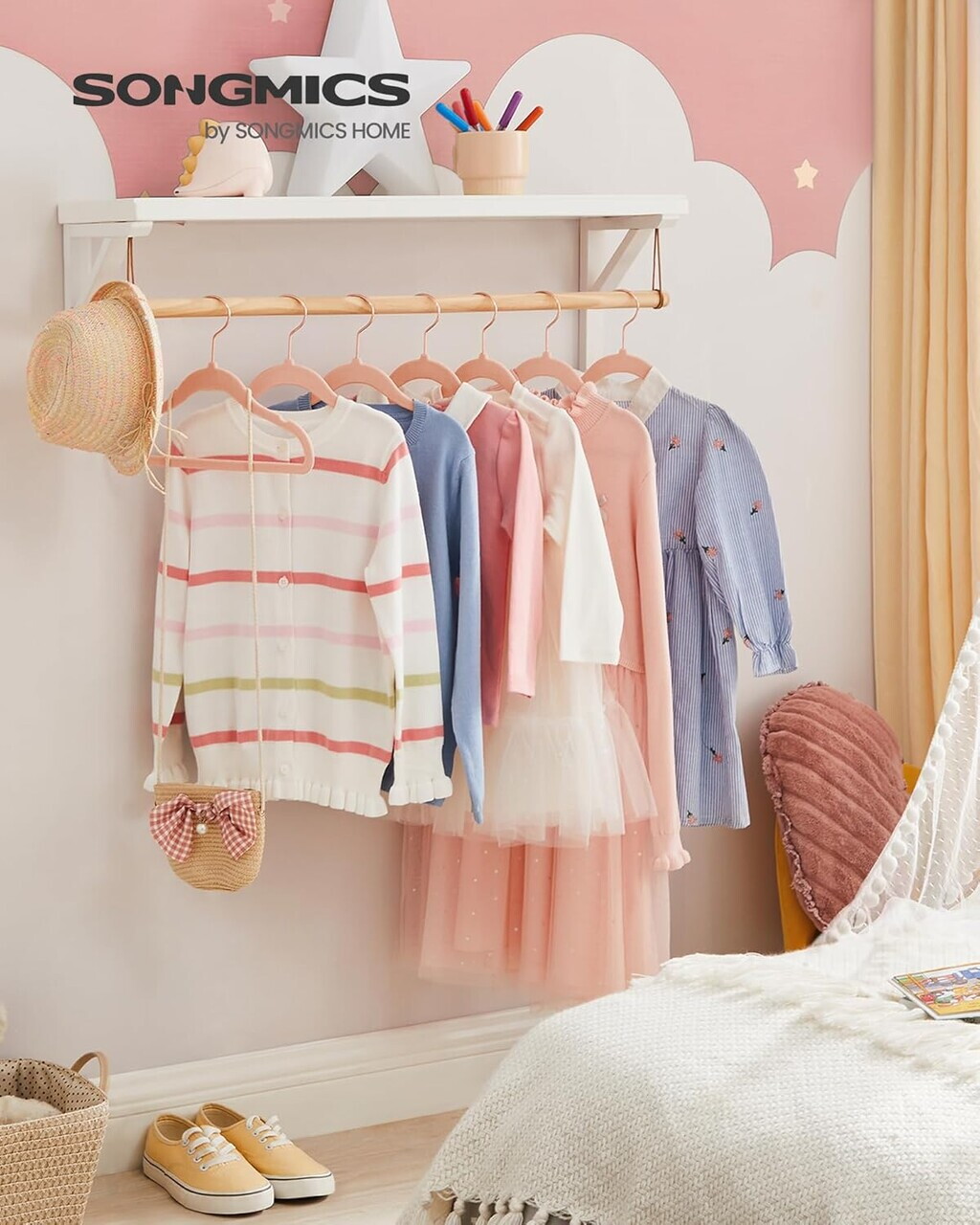 Set 50 umerase copii catifelate, Songmics, antialunecare, max 3 kg, roz deschis/carlige rose gold - imagine 7