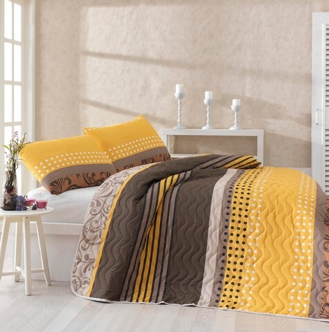 Set cuvertura de pat dubla, EnLora Home, Miranda Yellow, 3 piese, 65% bumbac, 35% poliester, multicolor