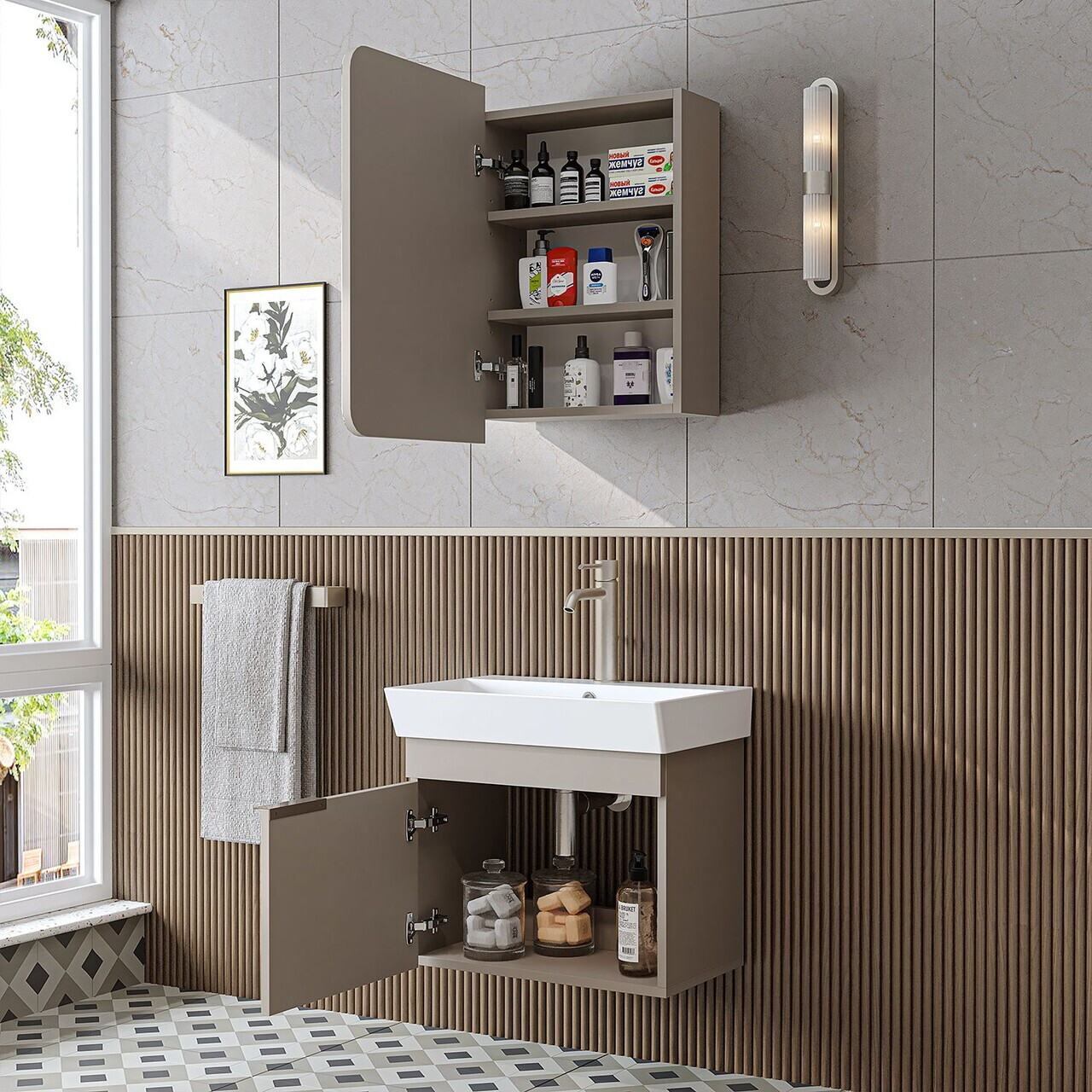 Set Dulap de Baie cu Chiuvetă și Oglindă (2 Piese), Hanah Home, 2936, MDF, Gresie — imaginea 4
