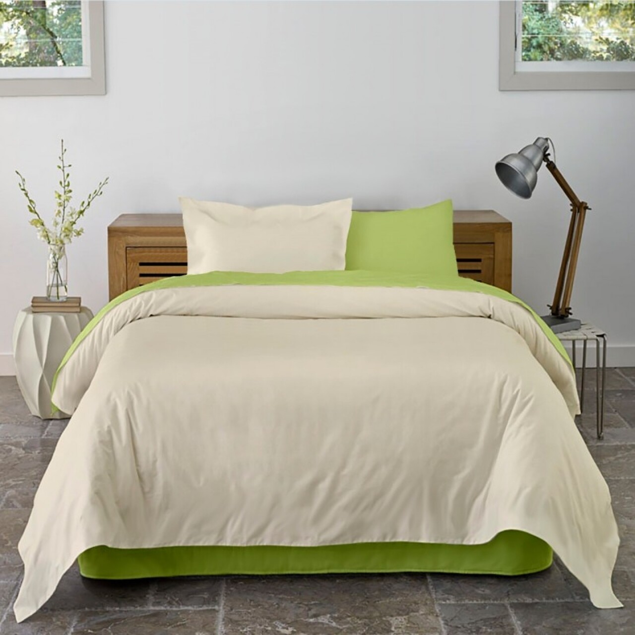 Lenjerie De Pat Dubla King Size Lime & Vanilla, 4 Piese, 220 X 250 Cm, 100% Bumbac, Verde Lime/bej