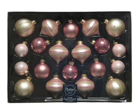 Cutie cu 20 de globuri asortate Baubles mix, Decoris, sticla, roz/auriu