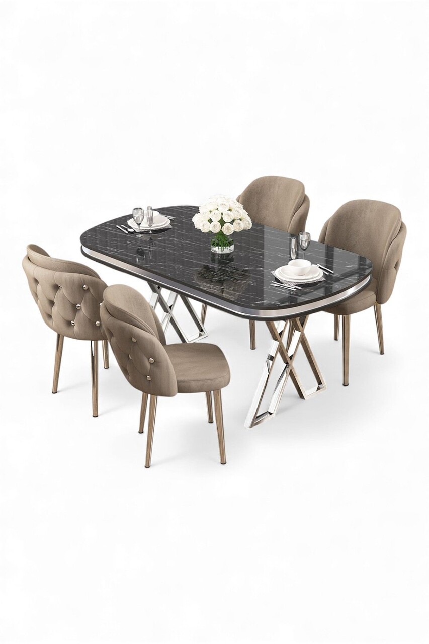 Set masă și scaune (5 bucăți), Hanah Home, Zae, Marmură neagră / Crom / Cappuccino - view 2
