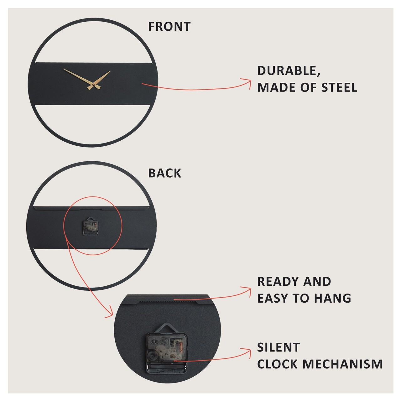 Ceas de perete, Stripe Metal Wall Clock, Dimensiune: 49 x 49 cm, Negru - view 4