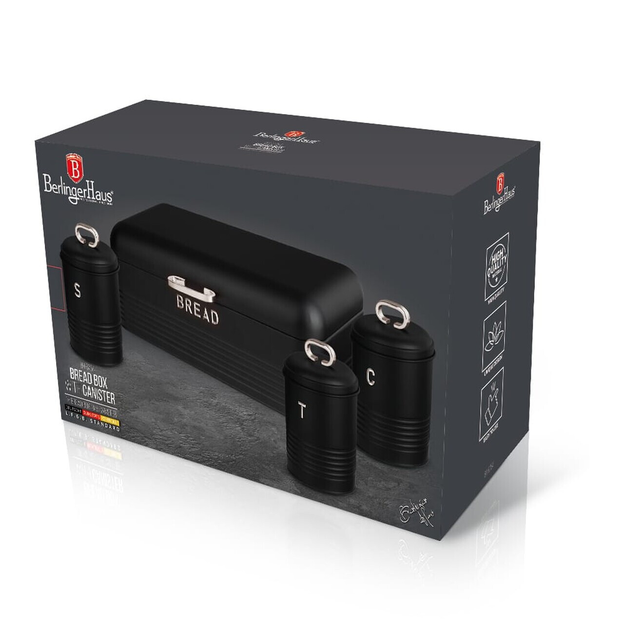 Set cutie pentru paine si 3 recipiente Berlinger Haus, Matte Black, 42.5x23x16 cm, otel carbon, negru - imagine 4