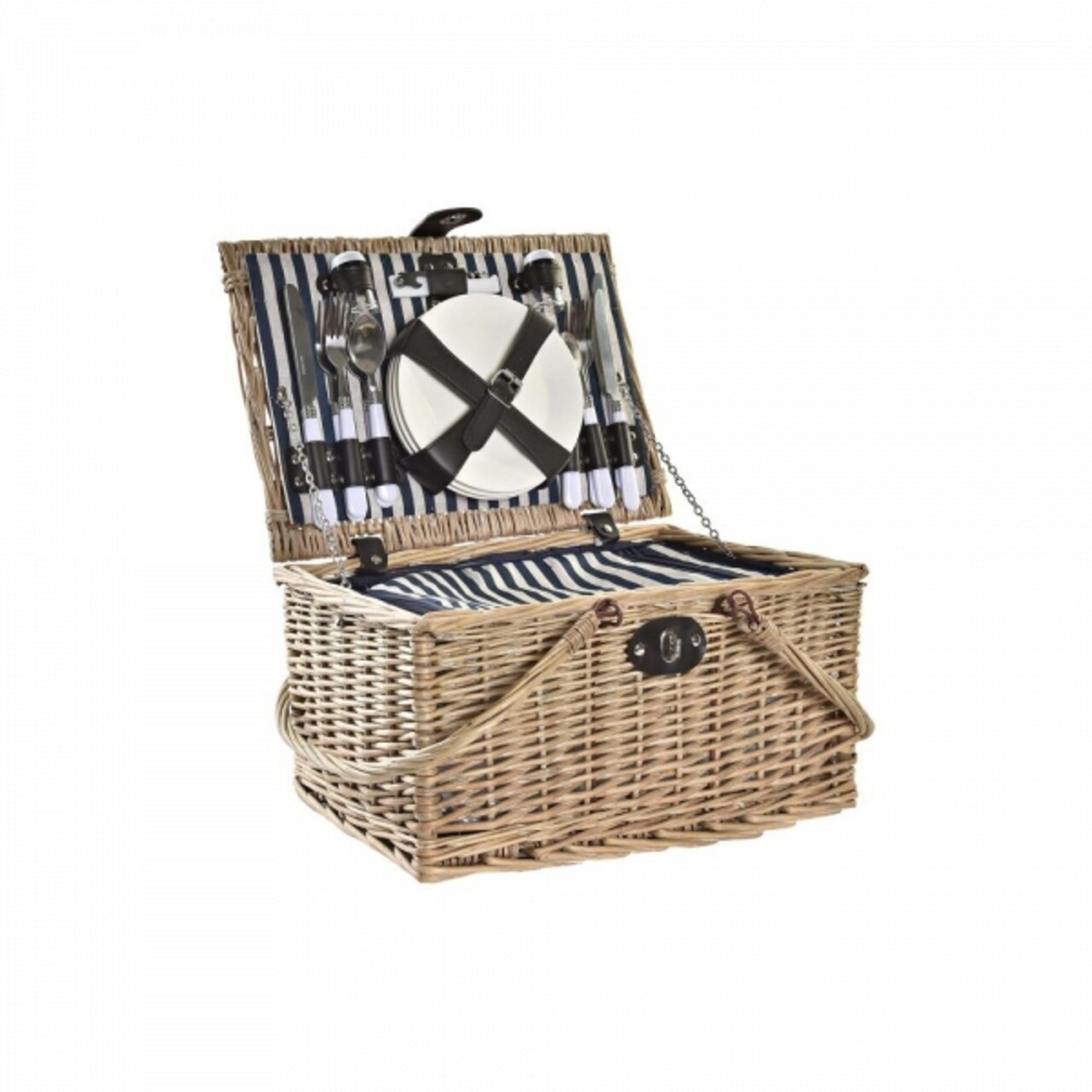 Cos de picnic pentru 4 persoane, DKD Home Decor, 41 x 33 x 23 cm , rachita/inox/poliester, natural/albastru