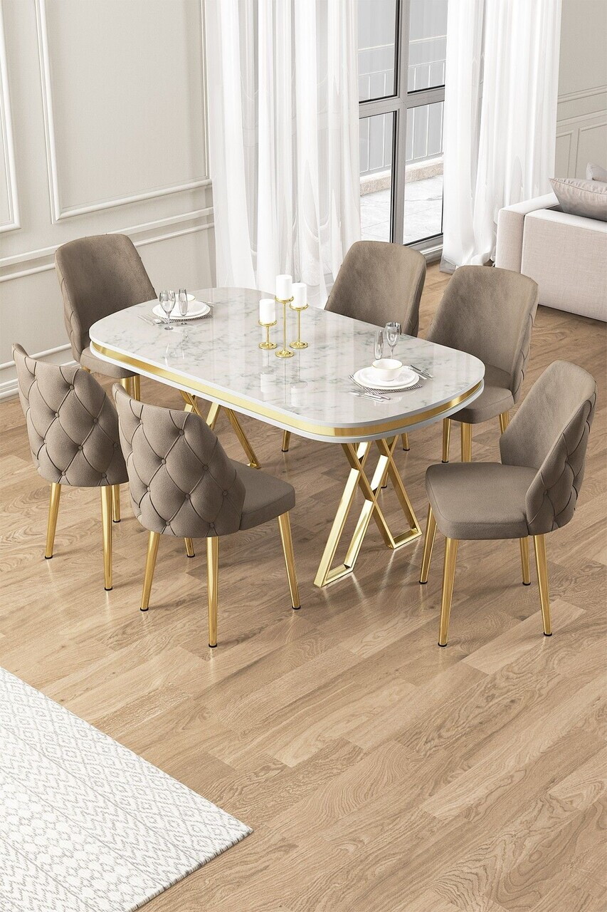 Set masa si scaune (7 piese), Hanah Home, Afe, Model de marmură albă / Auriu / Cappuccino