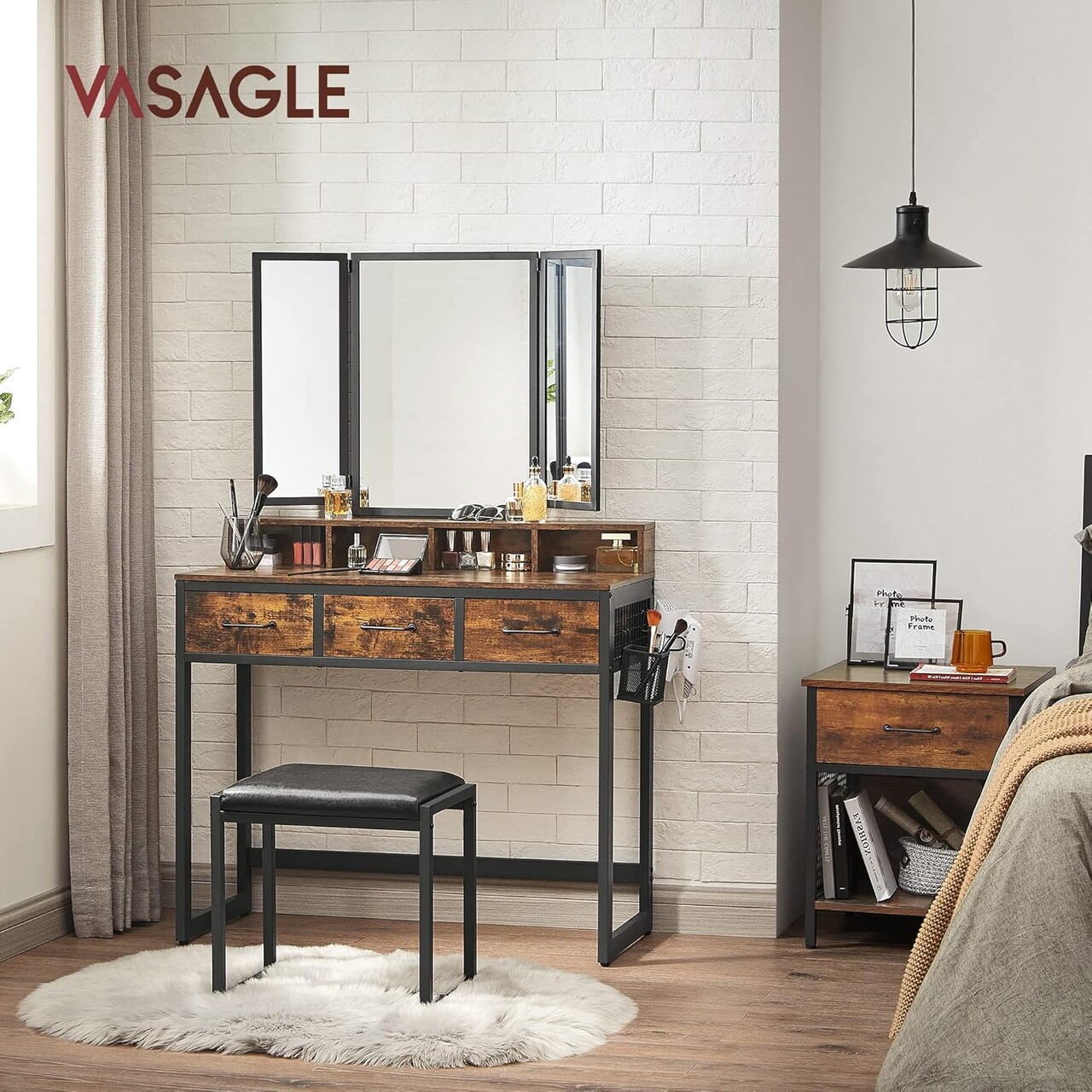 Masa de toaleta cu oglinda si taburet / masuta dressing, Vasagle Industrial, 90x40x141 cm, PAL/oglinda, maro
