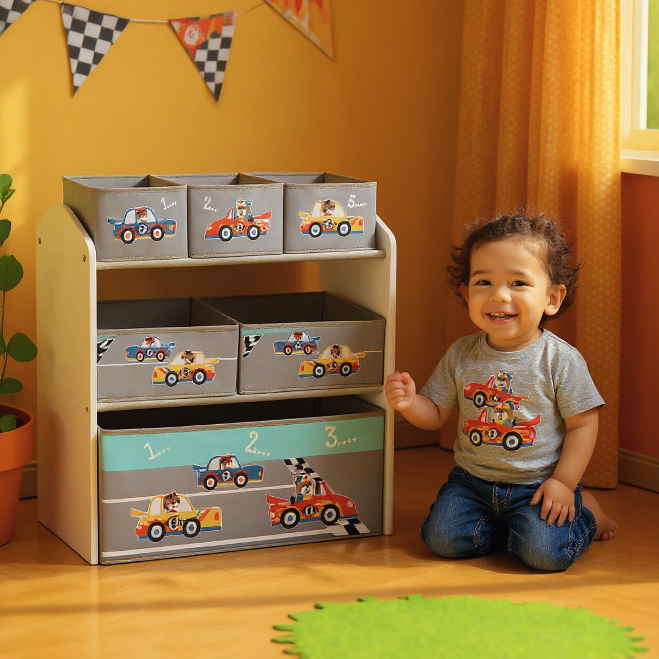 Organizator jucarii / mobilier camera copilului Cars, U-Grow, 63x30x60 cm, lemn de pin/textil, gri