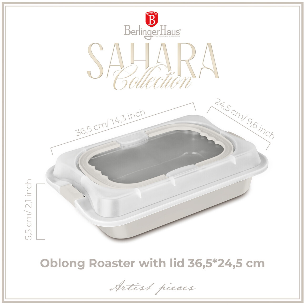 Tava cu capac Berlinger Haus, Sahara, 36.5x24.5x5.5 cm, otel carbon/plastic, crem mat - imagine 6