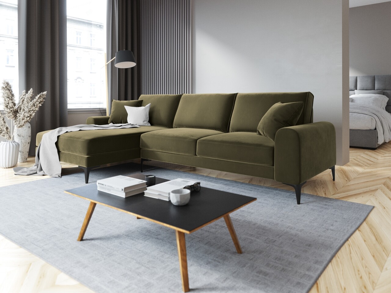 Coltar stanga, Madara, Mazzini Sofas, 5 locuri, 254x182x90 cm, catifea, verde