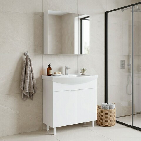 Set Dulap de Baie cu Chiuvetă și Oglindă (2 Piese), Hanah Home, Purus 80, Alb