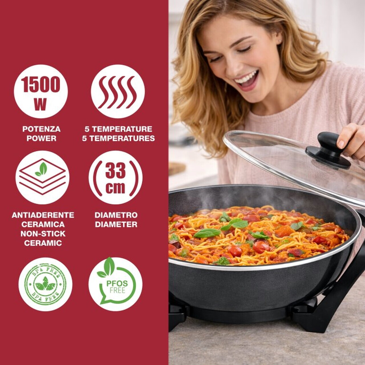 Tigaie electrica Wok, Beper, 1500W, 33 cm, ceramica, negru - view 4