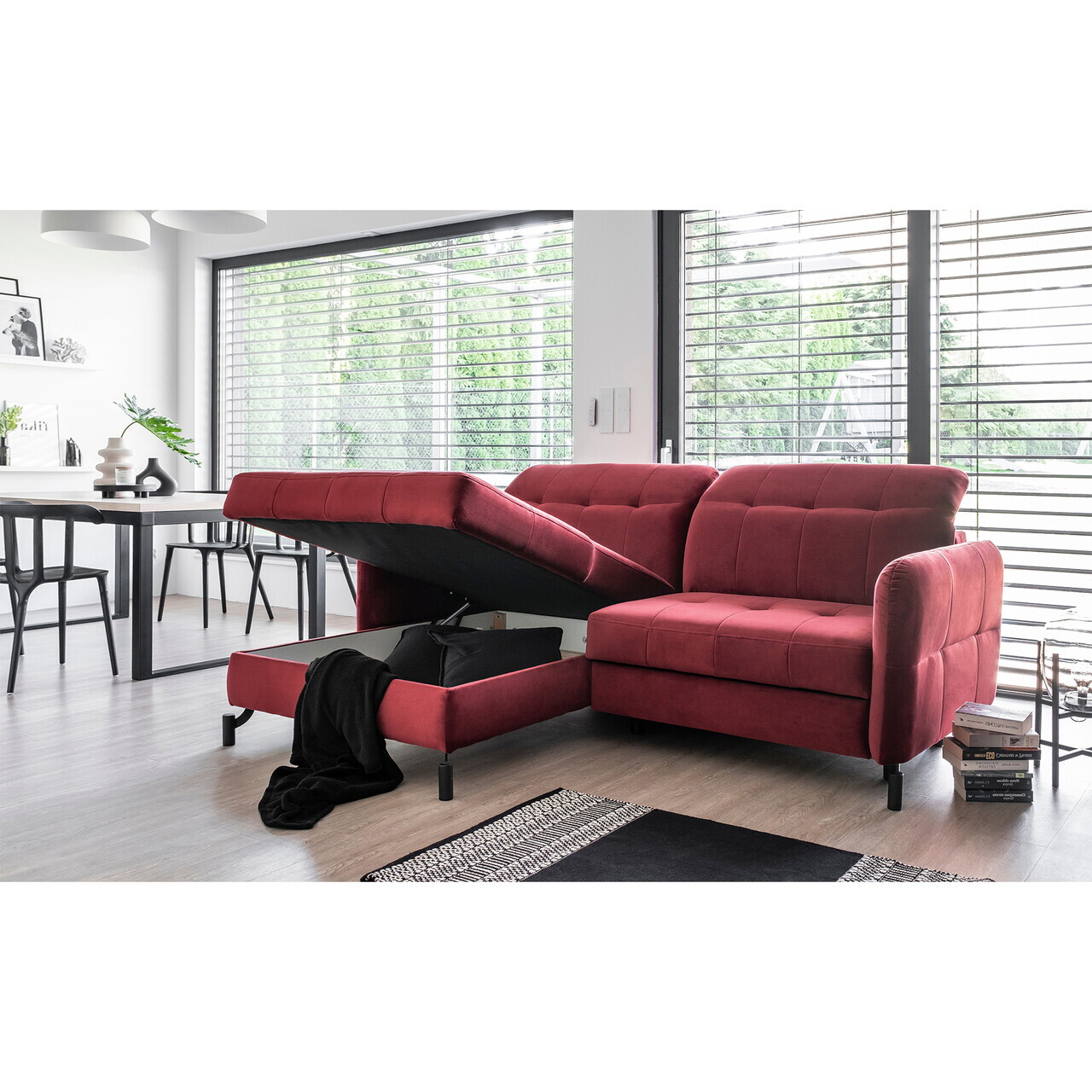 Set coltar extensibil stanga 3 locuri si taburet ELTAP, Lor_LP_19, Lorelle, 225x160x105 cm / 100x70x45 cm, lemn/poliester, negru - view 3
