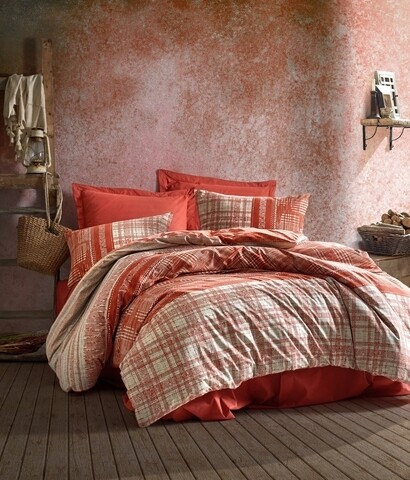 Lenjerie de pat dubla dust - tile red, cotton box, 4 piese, bumbac ranforce, rosu