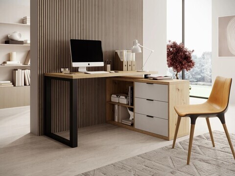 Birou cu dulap lateral ADRK, Maro II, 135x115x75.2 cm, PAL laminat, artisan/negru/alb