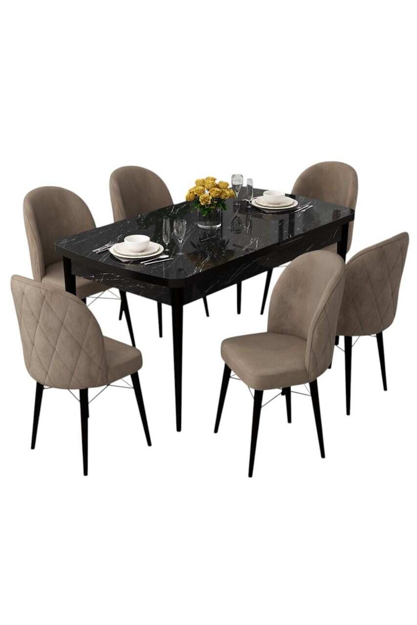 Set masa extensibila si scaune (7 piese), Hanah Home, Rut, Model de marmură neagră / Cappuccino — imaginea 2