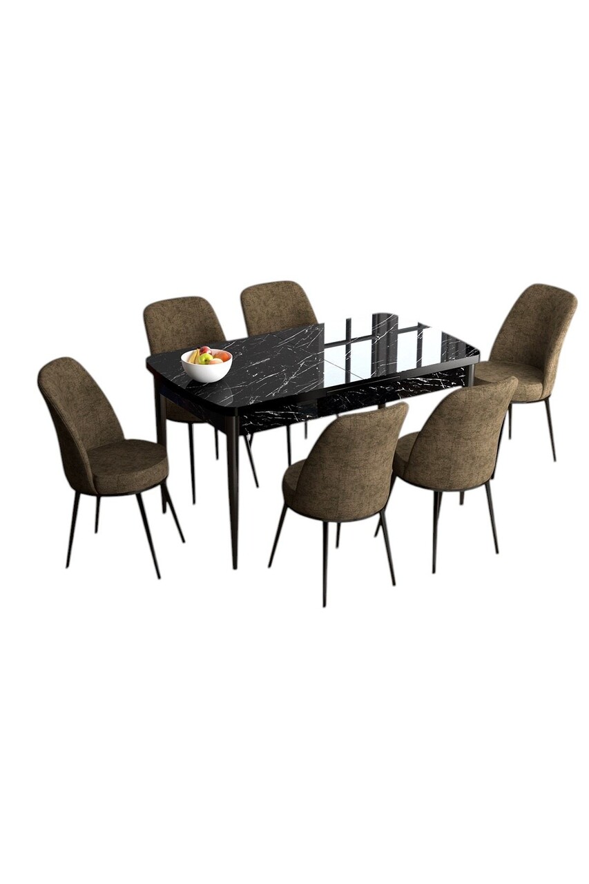 Set masa extensibila si scaune, Hanah Home, Han, Marmură neagră / Maro - view 2