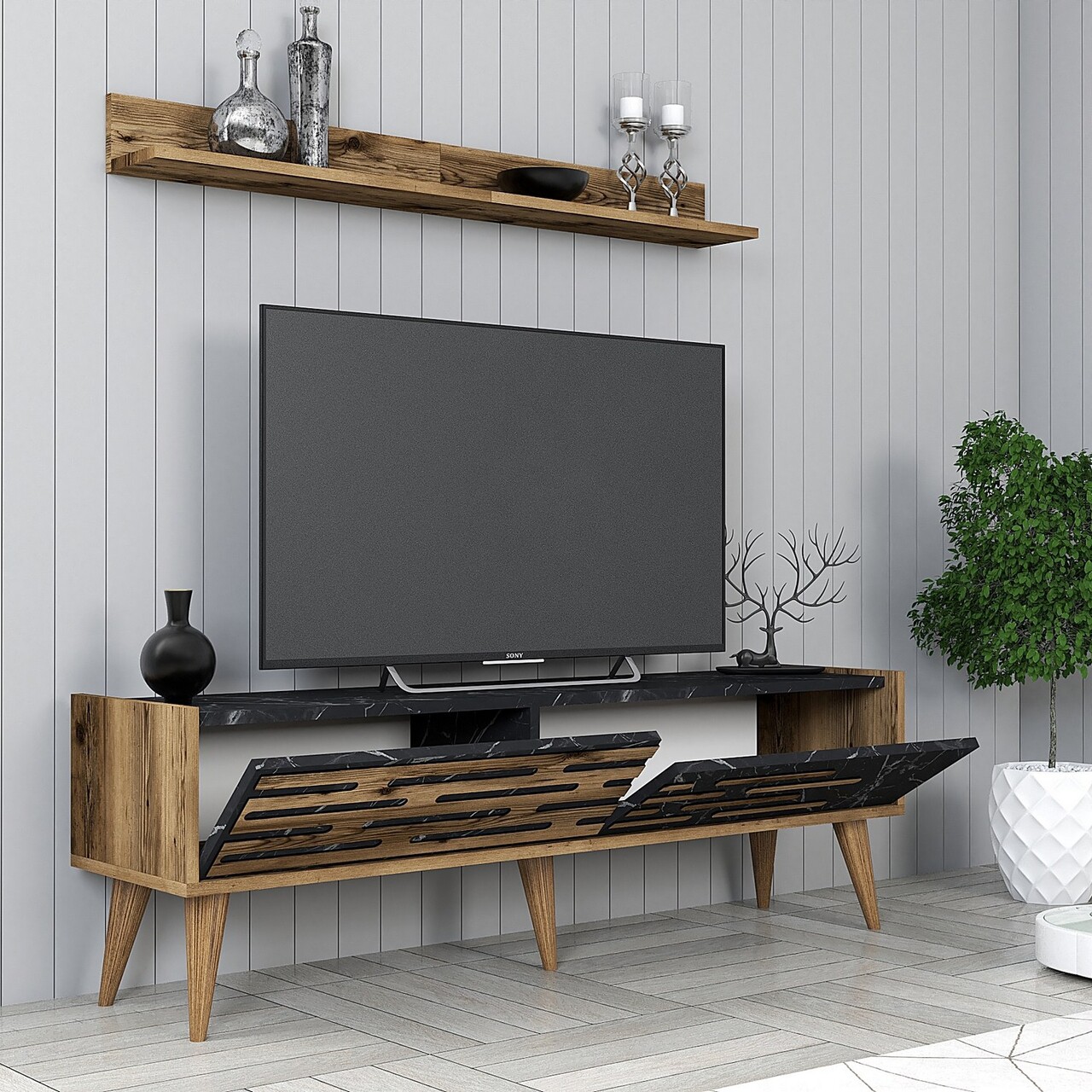 Set mobilier living, Hanah Home, Valensiya 140, Nuc / Negru / Marmură - imagine 2