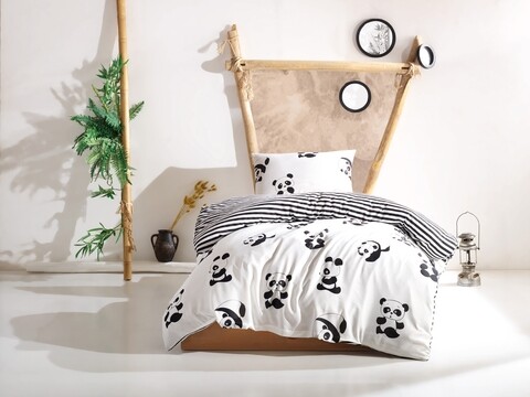 Poza Lenjerie de pat pentru o persoana, EnLora Home, Panda Black White, 2 piese, amestec bumbac, alb/negru