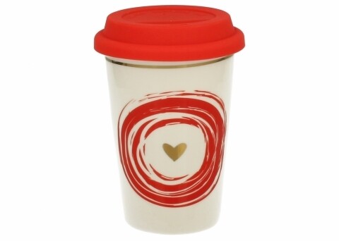 Cana cu capac de silicon Simply Love E, Duo, 380 ml, portelan, alb/rosu