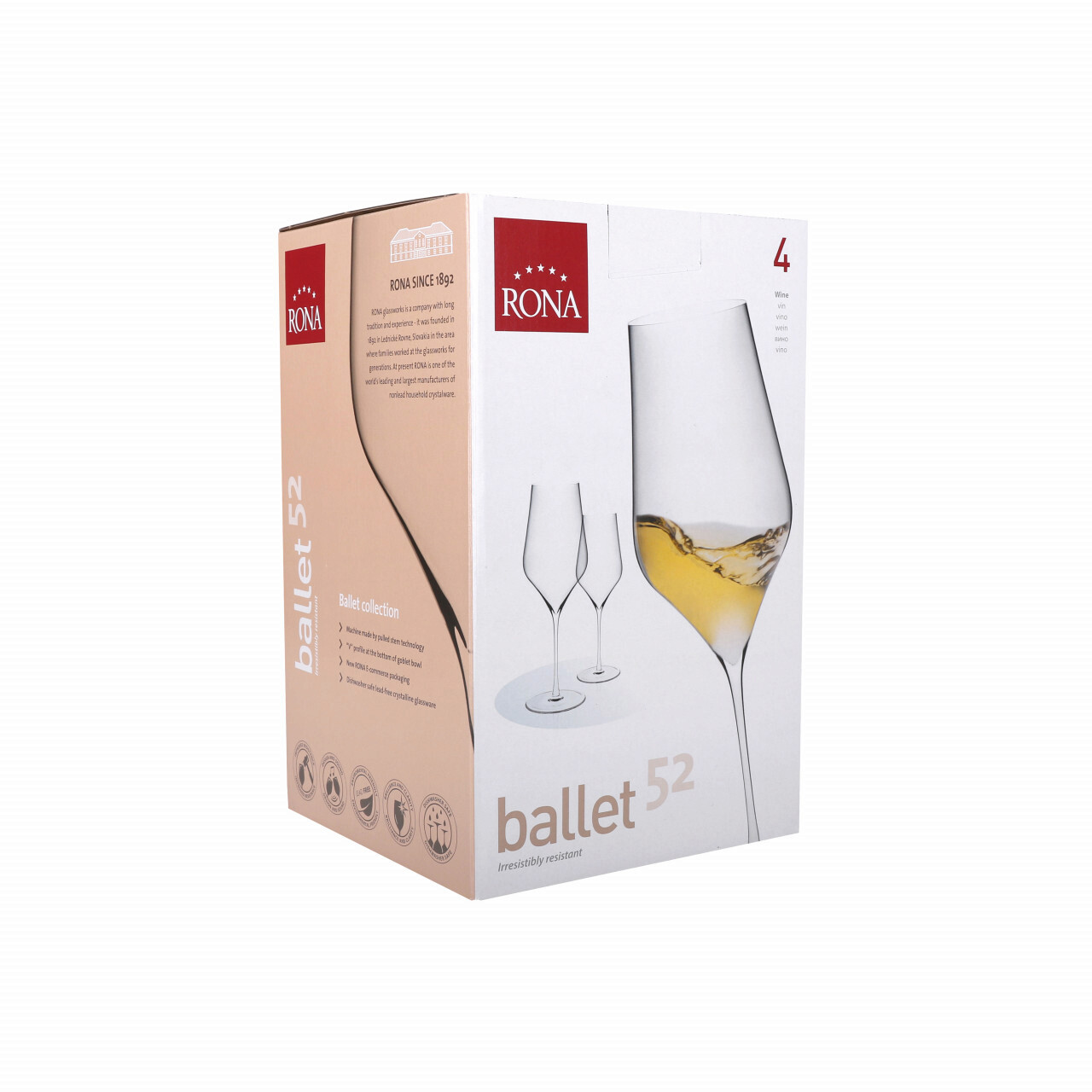 Set 4 pahare pentru vin Ballet, Rona, 520 ml, sticla, transparent