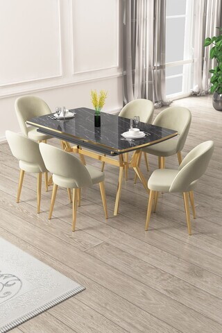 Set masa extensibila si scaune (7 piese), Hanah Home, Weps, Model de marmură neagră / Auriu / Crem