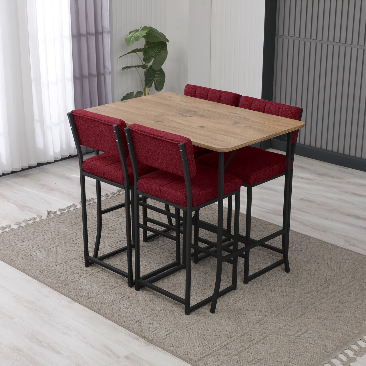 Set masa si 4 scaune de bar, Hanah Home, Retro, Burgundia / Nuc - imagine 2