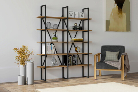 Corp biblioteca, Puqa Design, Burgaz, 126x160x26cm, PAL melaminat, Nuc / Negru