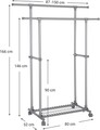 Suport dublu pentru umerase, Songmics, extensibil, mobil, 87-150x52x166 cm, max 70 kg, otel, gri