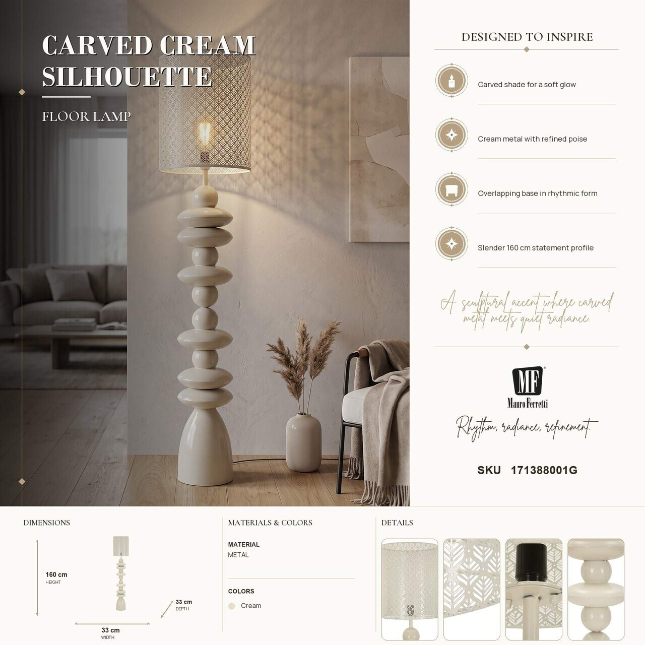 Lampadar, Daphne, Mauro Ferretti, metal, 1 x E27, 40W, 33x160 cm, crem — imaginea 3