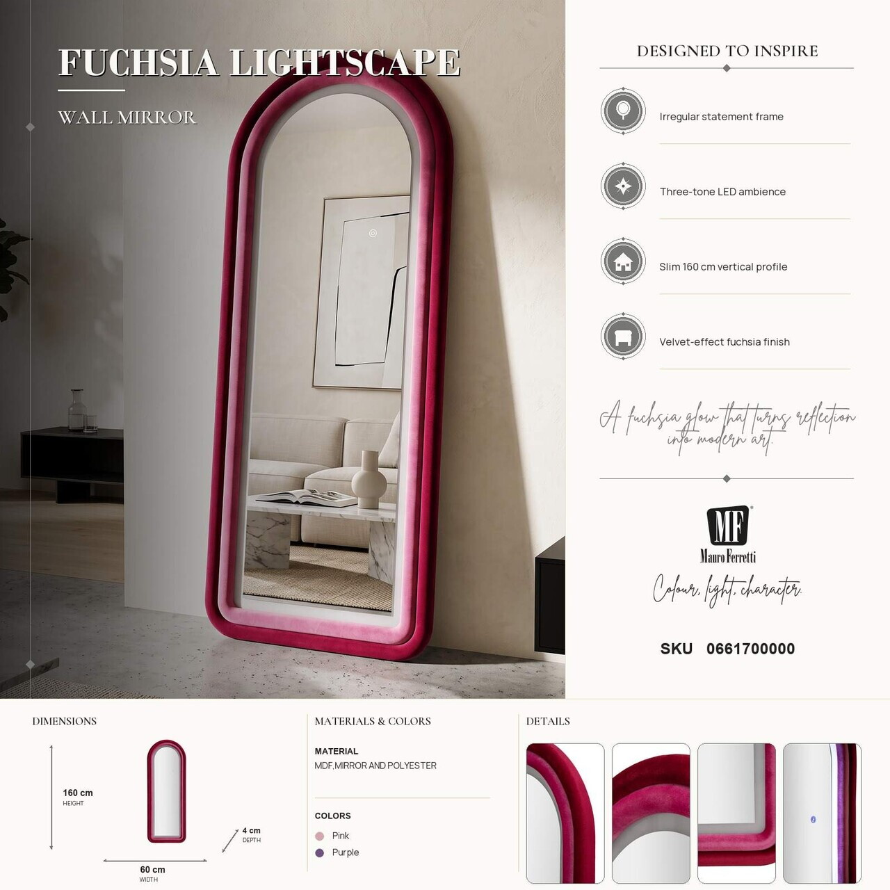 Oglinda de perete cu LED, Irregular Frame, Mauro Ferretti, MDF, 60x160 cm, roz/mov — imaginea 3