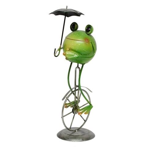 Decoratiune frog on unicycle w umbrella, 12x11x36.5 cm, metal, multicolor