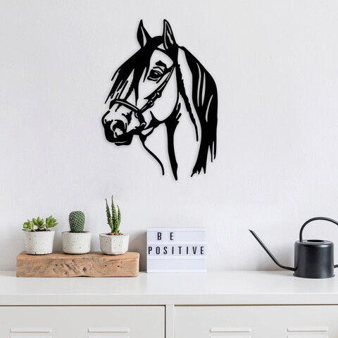 Decoratiune de perete, horse head, metal, dimensiune: 40 x 55 cm, negru