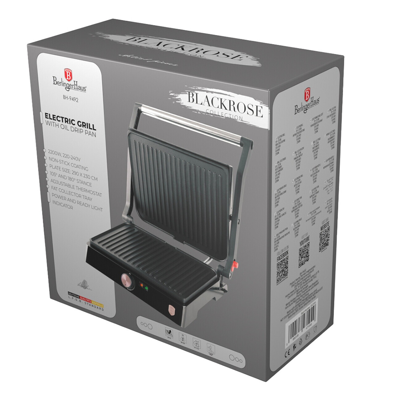 Gratar electric Berlinger Haus, Black Rose, 2200W, 29x23 cm, negru/argintiu - imagine 9