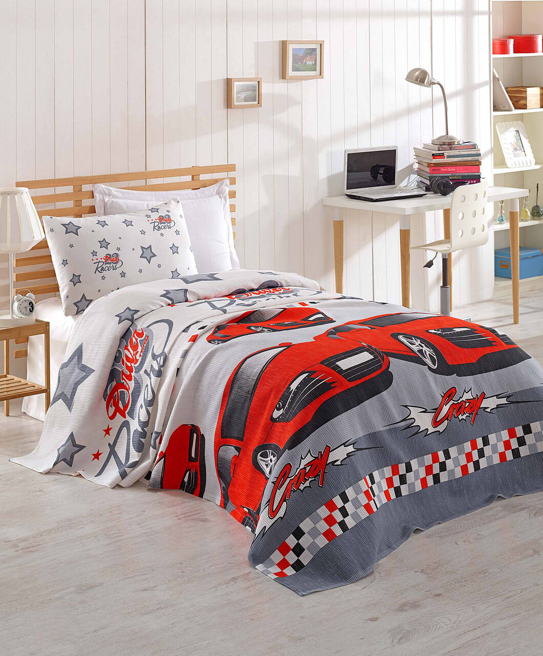 Set cuvertura pique Single 2 piese, Crazy - Red, EnLora Home, Bumbac