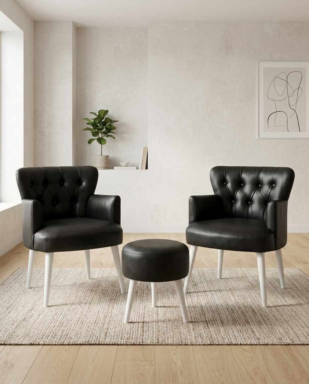 Set fotoliu cu aripioare și puf (3 piese), Atelier del Sofa, 281ELR1196, Negru