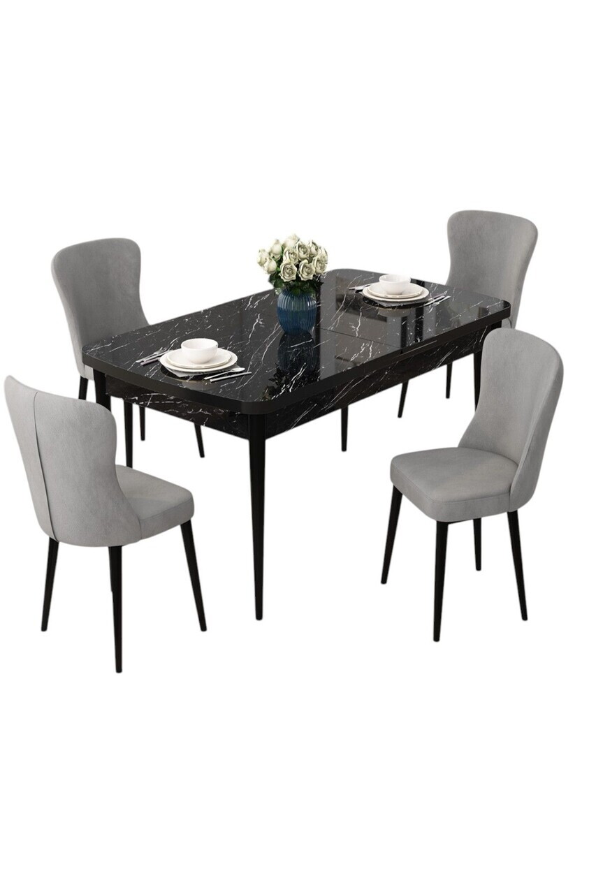 Set masa extensibila si scaune (5 piese), Hanah Home, Due, Model de marmură neagră / Gri — imaginea 2