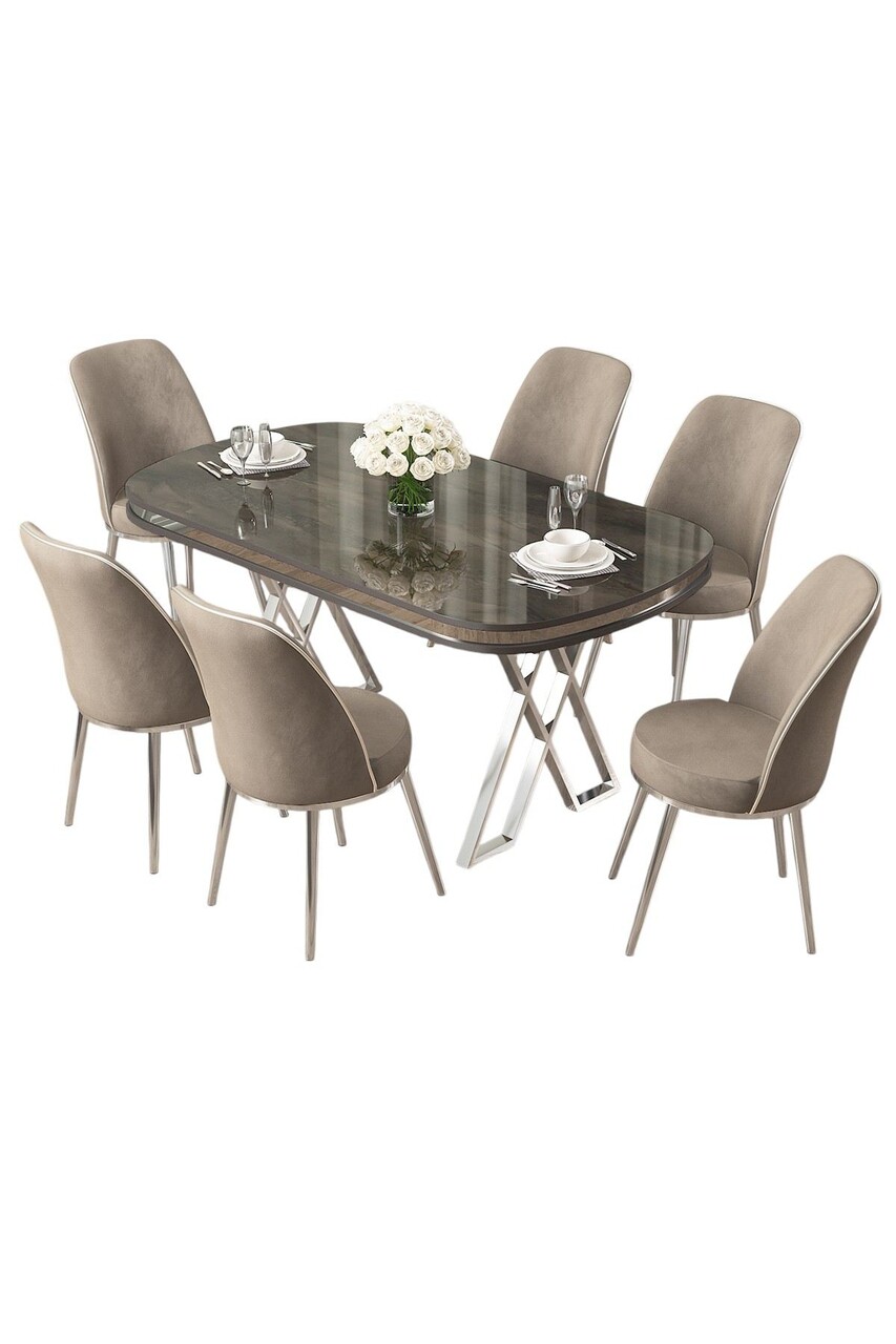 Set masă și scaune (7 piese), Hanah Home, Lai, Antracit / Crom / Cappuccino - imagine 2