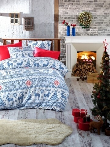 Lenjerie de pat pentru o persoana, 3 piese, 100% bumbac ranforce, Nazenin Home, Forest Blue, alb/albastru/rosu