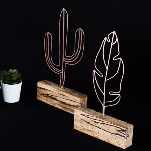 Set 2 decoratiuni, Cactus Feather Mini Set, Metal, Bronz