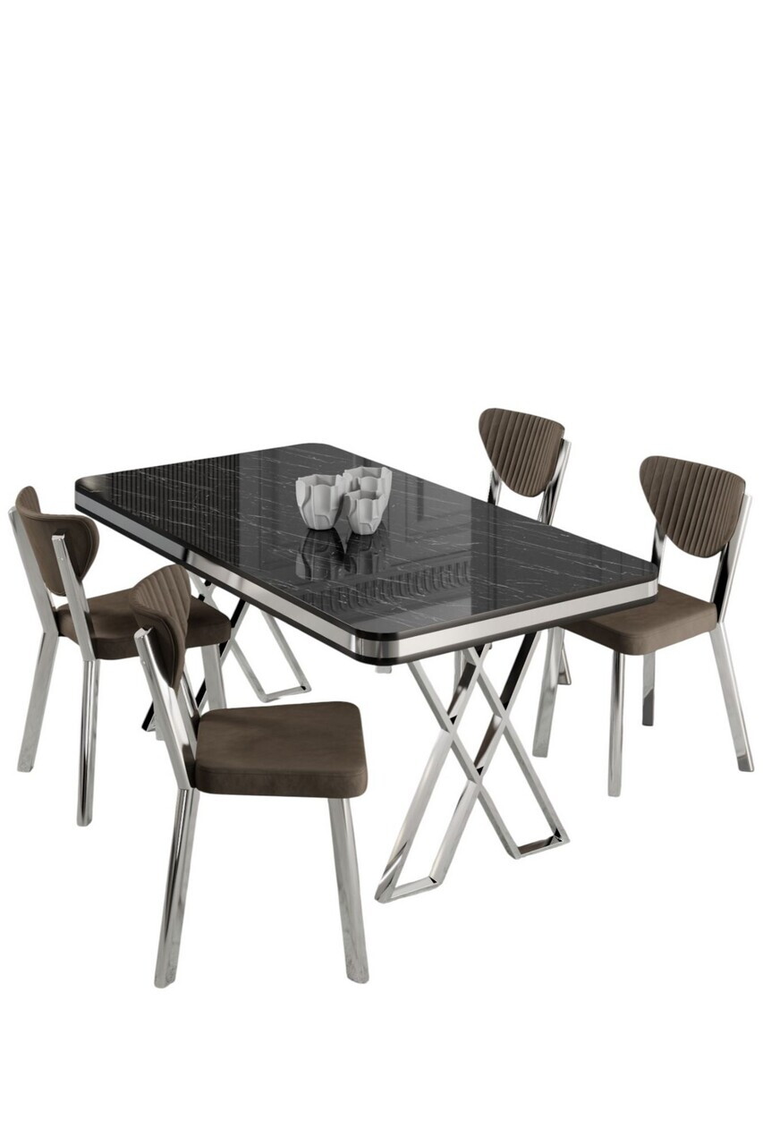 Set masa si scaune (5 piese), Hanah Home, Raja, Model de marmură neagră / Crom / Maro — imaginea 2