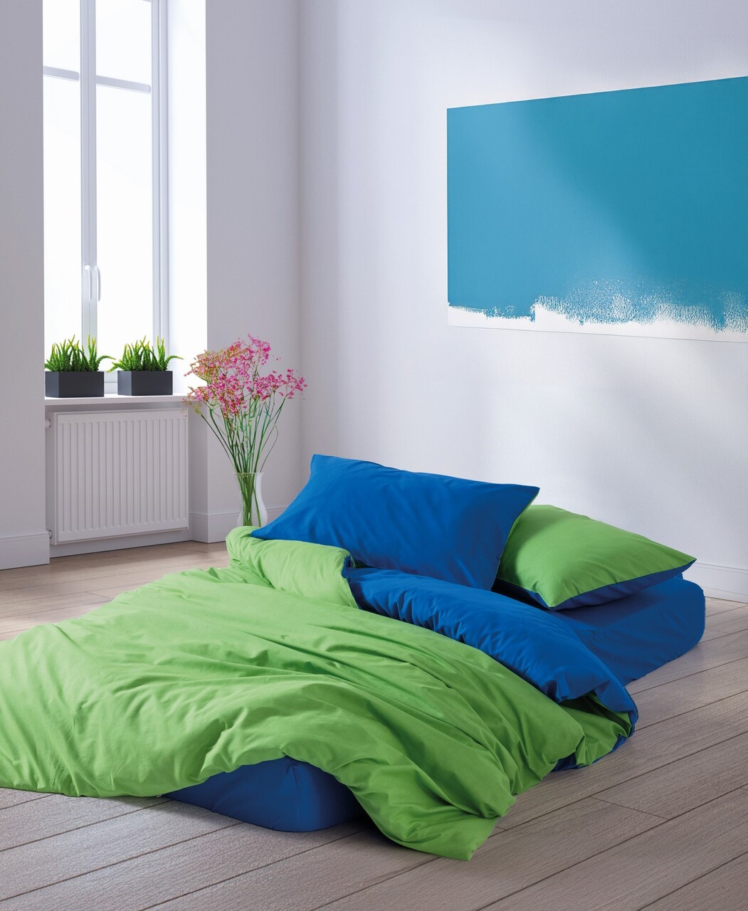 Lenjerie de pat dubla, Sage - Green, Blue, Cozy Home, Bumbac Ranforce
