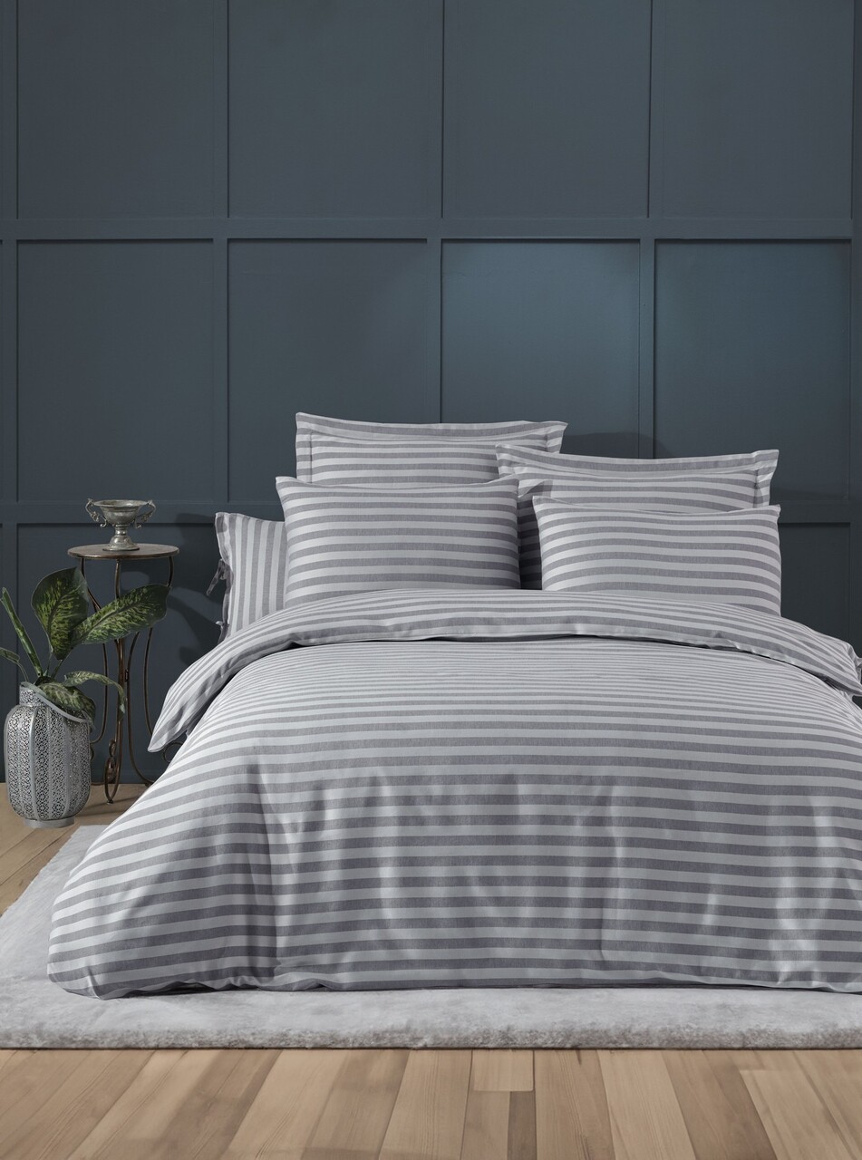 Lenjerie de pat dubla, Water Yollu Saten - Light Grey, EnLora Home, 70% bumbac/30% poliester