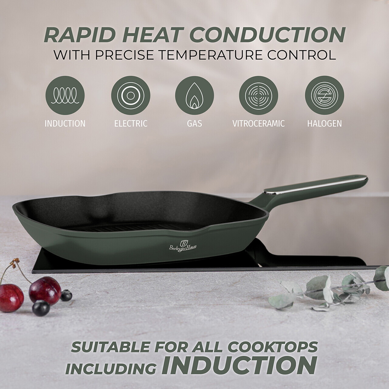 Tigaie grill Berlinger Haus, Matte Green, 28 cm, 2.1 L, aluminiu forjat, verde mat - imagine 10