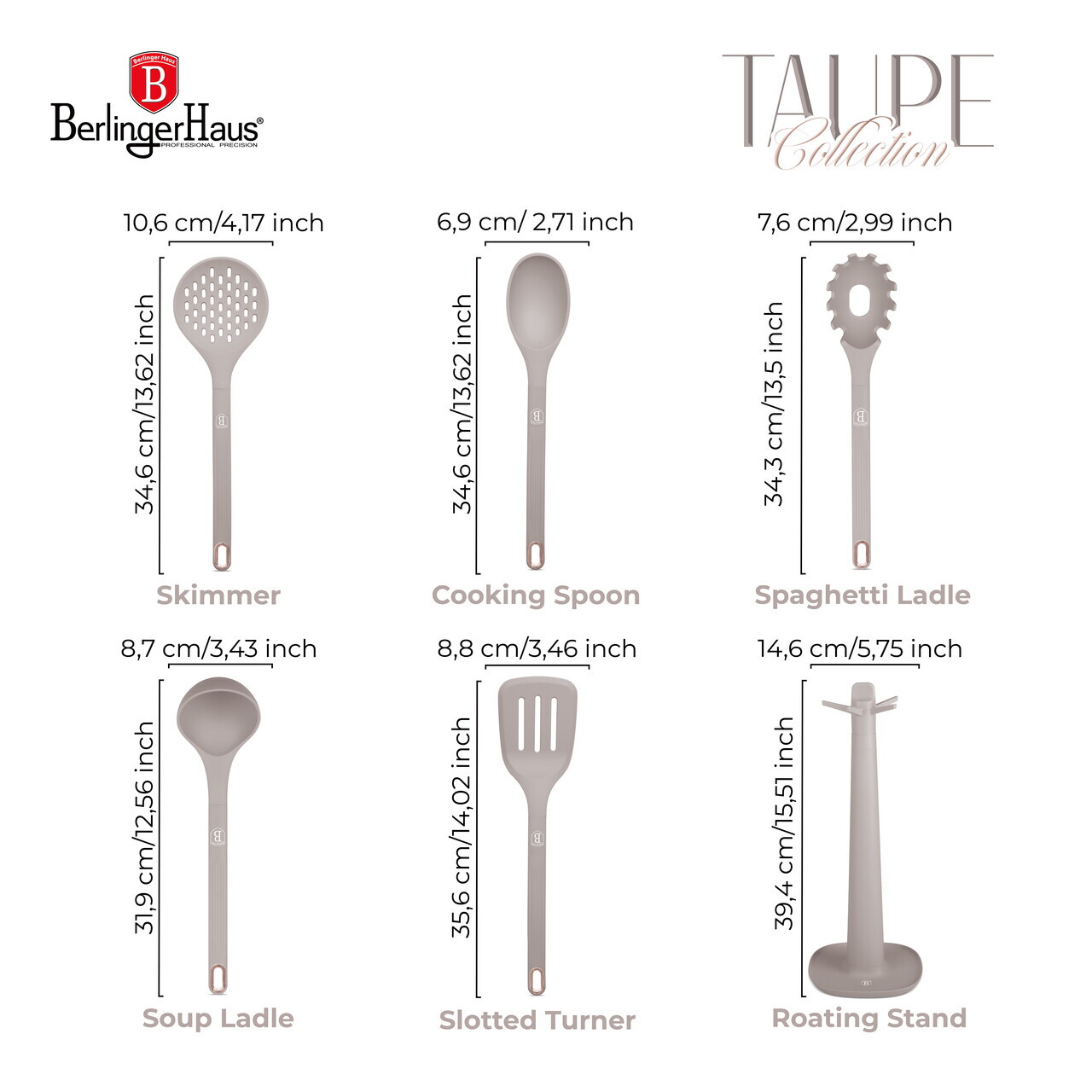 Set 5 ustensile de bucatarie cu suport, Berlinger Haus, Taupe, nailon/plastic, taupe mat - imagine 8