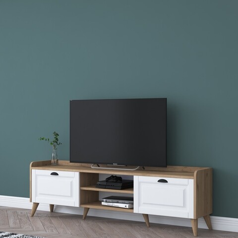 Comoda TV, Wren, AA101 – 2556, 180 x 55 x 35 cm, pal melaminat, alb/nuc mezoni.ro