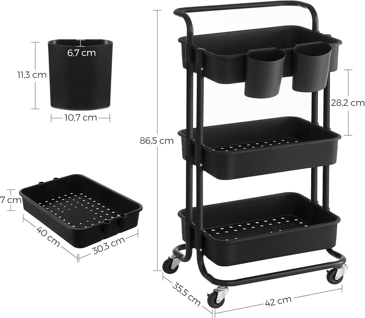 Carucior pentru depozitare, Songmics, 41.6x33.5x86.3 cm, otel/plastic, negru - 2 | YEO