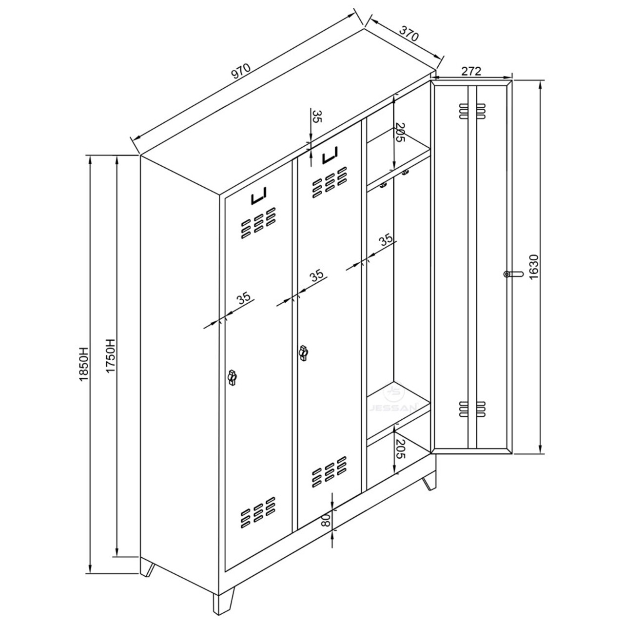 Dulap de depozitare cu incuietoare, Shelvoria, Js1027Sı, 97x185x37 cm, Otel, Gri/Negru